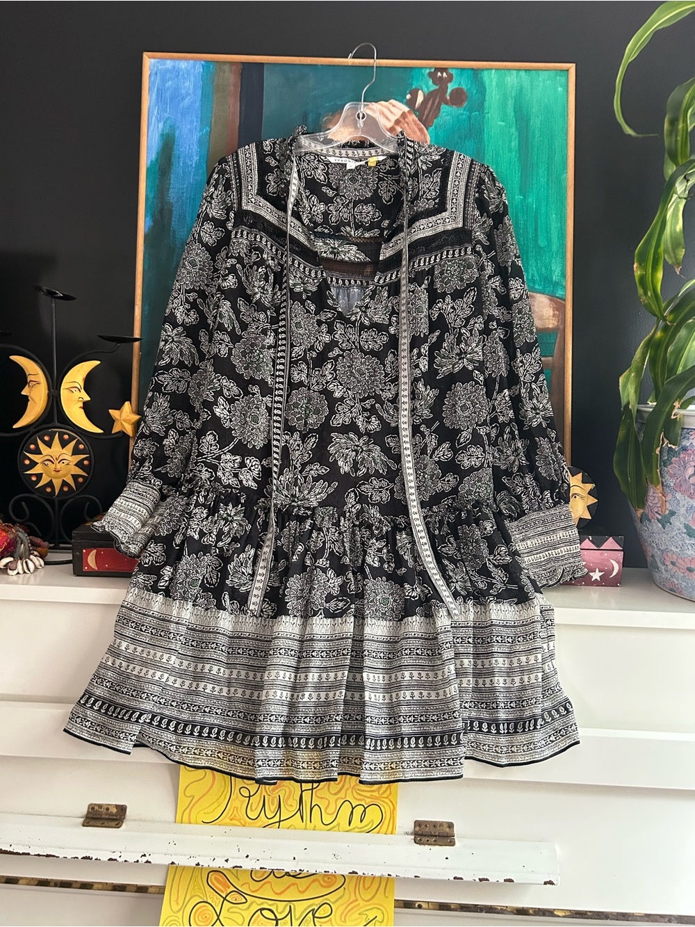 Veronica Beard Size 6 Black Floral Boho Tiered Long Sleeve Mini Dress